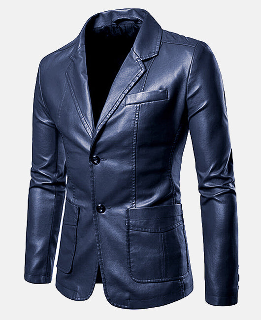 Basic Plain Lapel Collar Two Button Leather Blazer