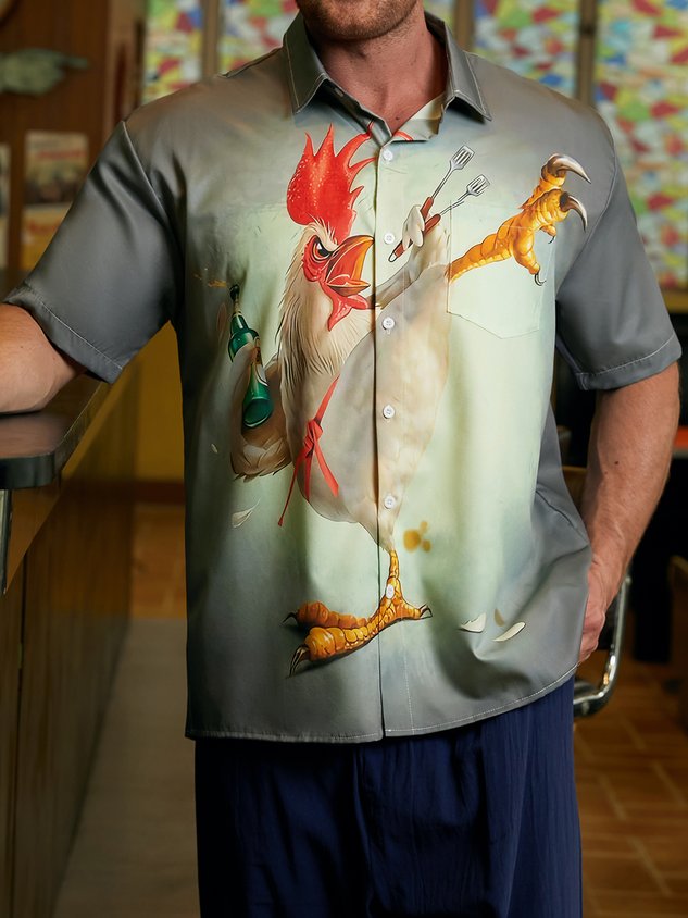 Kung fu Rooster Chest Pocket Short Sleeve Casual Shirt
